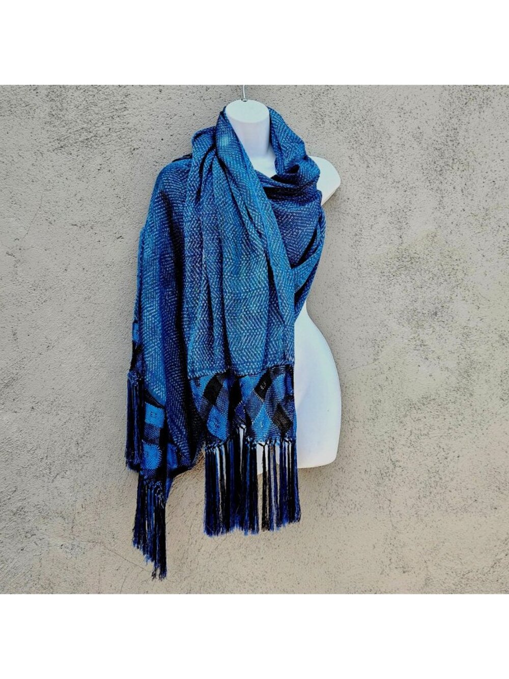 Vintage Hand Woven Mexican Rebozo Blue Shawl Wrap Long Fringe 25x86